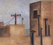 Frida Kahlo After Fride left the Red Cross Hospital,she painted a cityscape of a small,stark rooftop view.On one of the buildings she painted a red cross oil painting